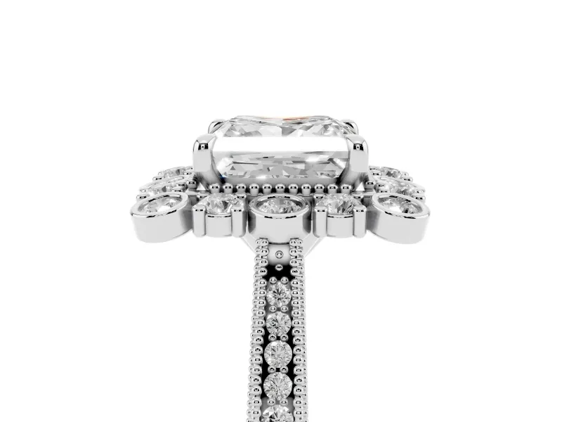 Princess Cut Diamond Halo Milgrain Pavé Ring Set in Silver with Prong Setting