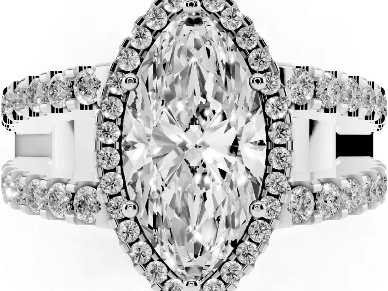 Marquise Cut Diamond Halo Ring Set in Platinum with Pavé Split Shank and Prong Setting