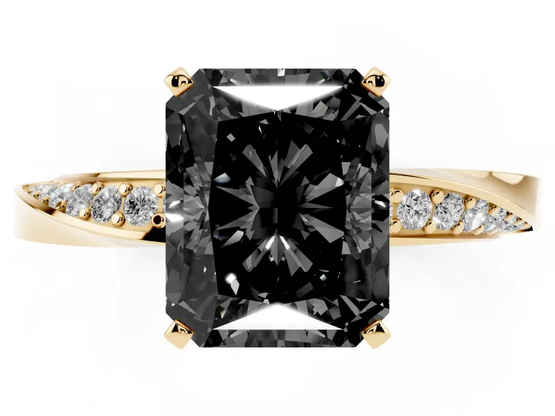 Fancy Black Radiant Cut Diamond Engagement Ring Set in Yellow gold with Side Stone Accents and Prong Setting