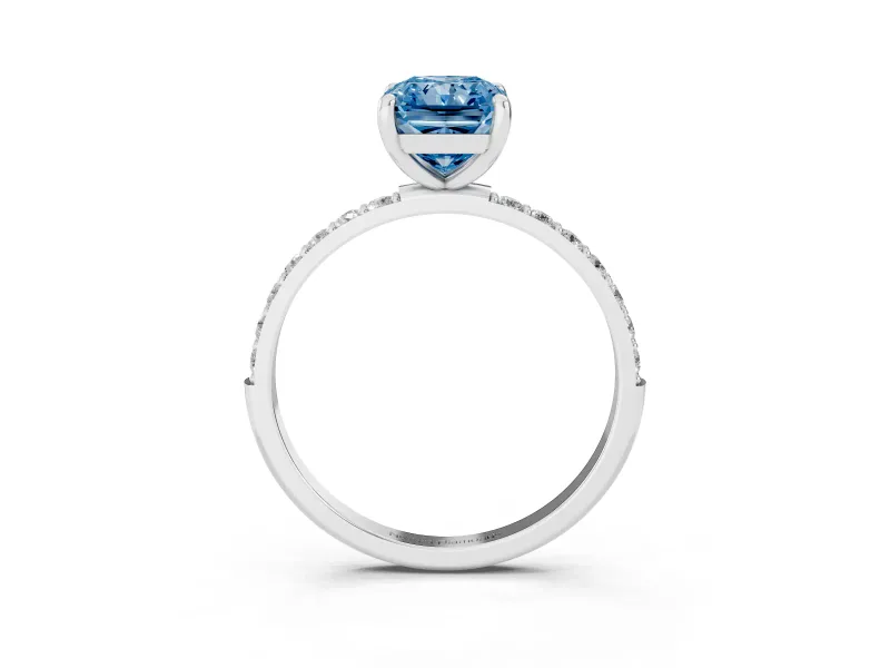Fancy Blue Radiant Cut Diamond Solitaire Ring Set in White gold with Round Pavé Band and Prong Setting