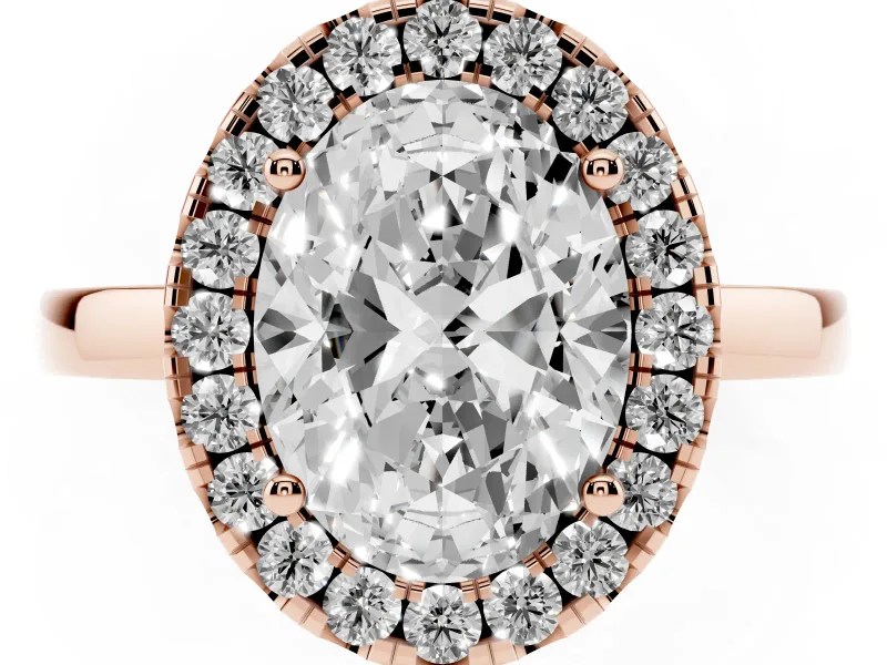 Oval Cut Diamond Halo Solitaire Ring Set in Rose gold with Pavé Band and Prong Setting