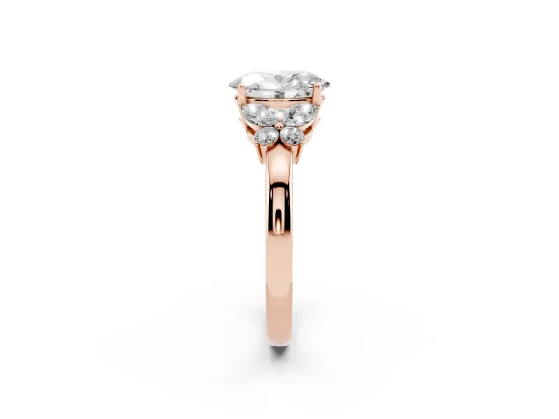 Oval Cut Diamond Solitaire Floral Ring Set in Rose gold with Marquise Petals and Prong Setting