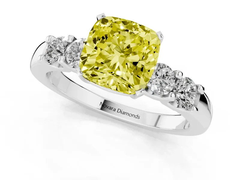 Fancy Yellow Cushion Cut Diamond Five-Stone Prong Set Engagement Ring Set in Platinum with Channel Band