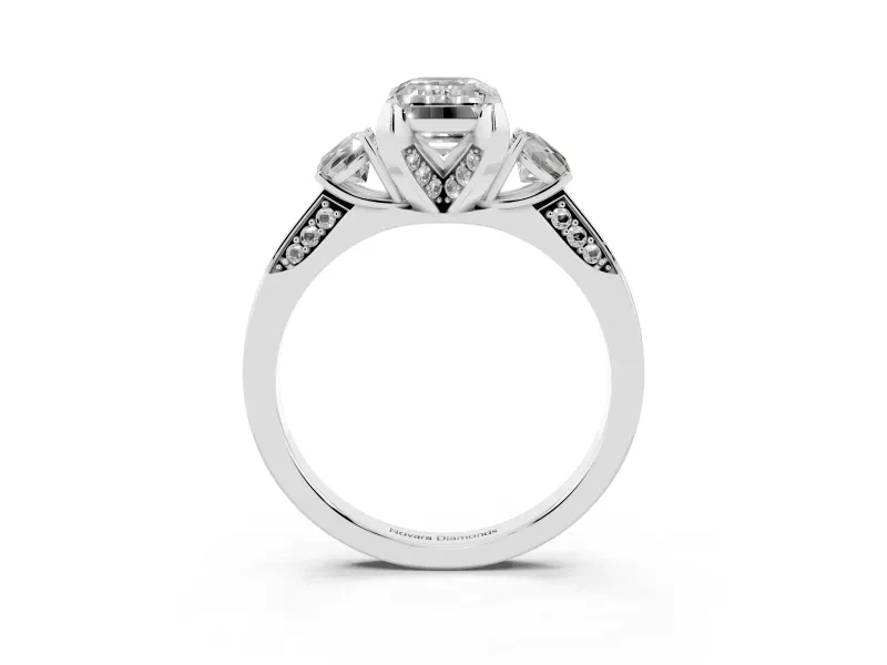 Emerald Cut Hidden Halo Three Stone Engagement Ring Setting | Pave Gallery | Sterling Silver