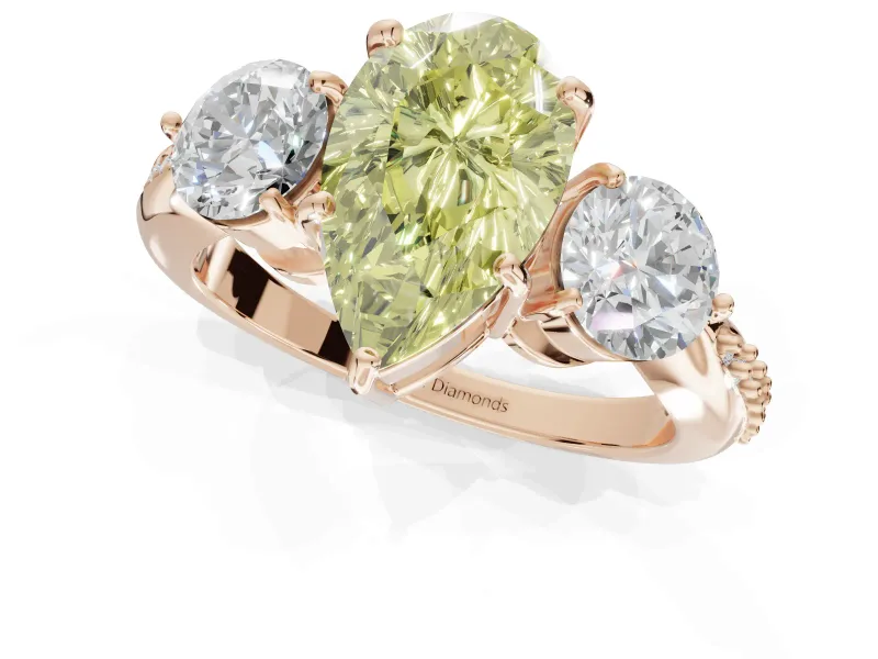 Pear-Shaped Three Stone Engagement Ring Setting for a Fancy Yellow Lab-Grown Diamond | Tapered Pave Band | Rose Gold