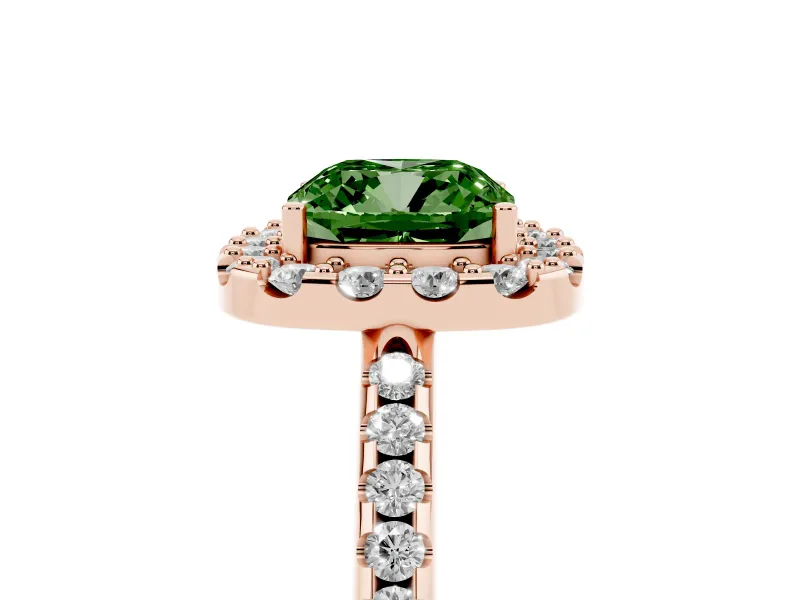 Cushion Cut Pave Halo Engagement Ring Setting for a Fancy Green Lab-Grown Diamond | Pave Band | Rose Gold