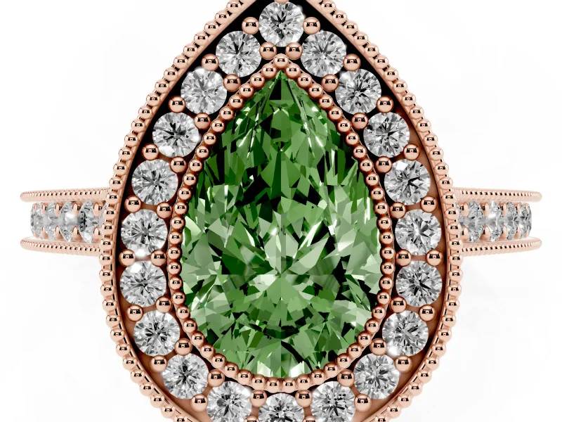 Pear-Shaped Vintage Milgrain Halo Engagement Ring Setting for a Fancy Green Lab-Grown Diamond | Bezel Head | Rose Gold