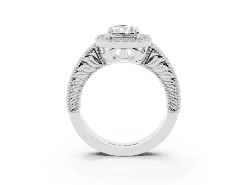 Radiant Cut Vintage Milgrain Halo Engagement Ring Setting | Carved Leaf Detail | White Gold