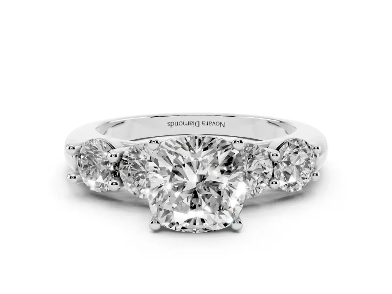 Cushion Cut Diamond Five-Stone Prong Set Ring Set in White gold with Classic Band