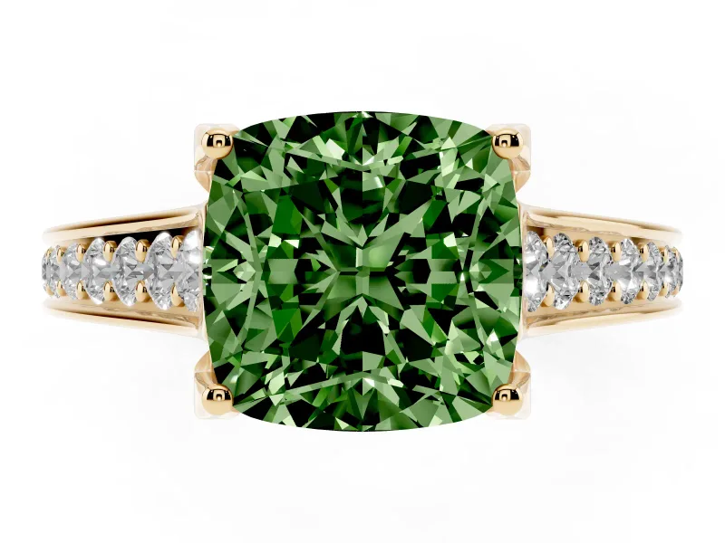 Cushion Cut Graduated Pavé Engagement Ring Setting for a Fancy Green Lab-Grown Diamond | Yellow Gold