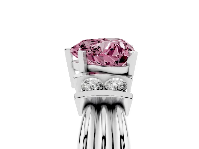 Fancy Pink Three-Stone Heart Cut Diamond Channel Set Ring Set in Silver with Bar Prongs