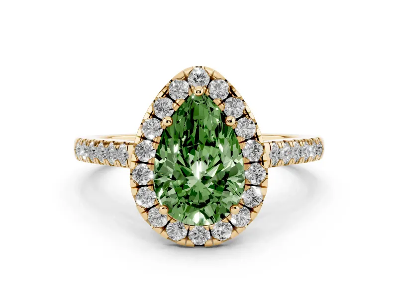 Fancy Green Pear Cut Diamond Halo Pavé Engagement Ring Set in Yellow gold with Prong Setting