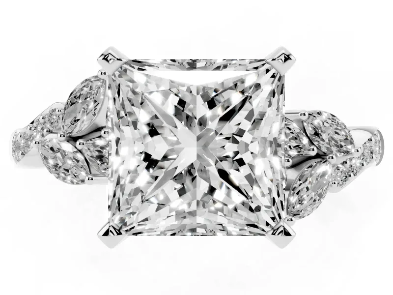 Princess Cut Floral Engagement Ring Setting | Marquise Side Stones | Platinum