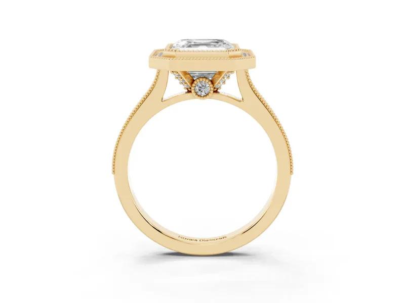 Asscher Cut Vintage Milgrain Halo Engagement Ring Setting | Bezel Head | Yellow Gold