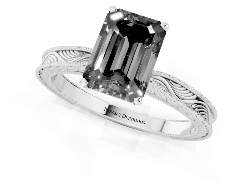 Fancy Black Emerald Cut Diamond Solitaire Milgrain Engraved Band Set in Silver with Prong Setting