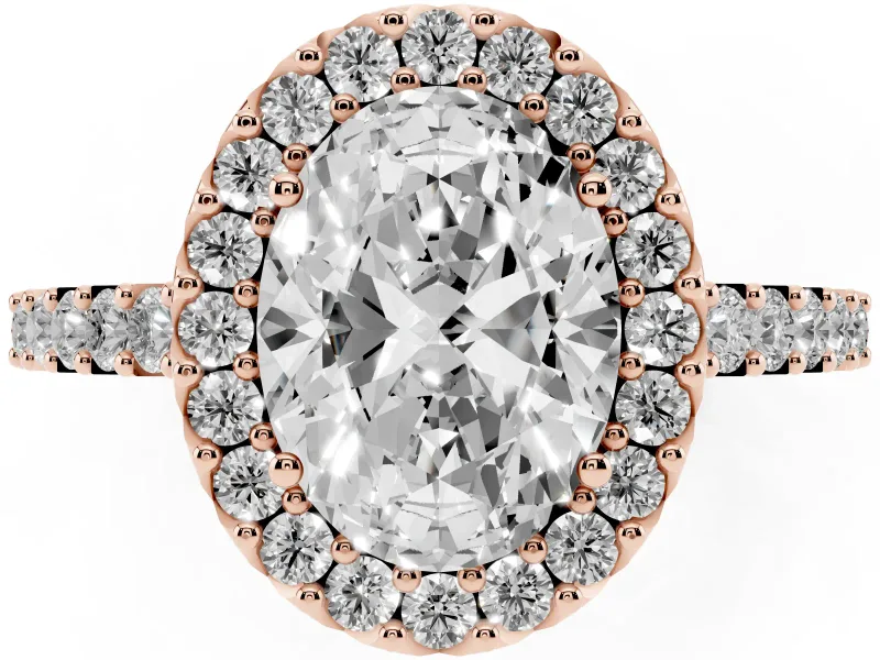 Oval Cut Diamond Halo Pavé Solitaire Ring Set in Rose gold with Prong-Set Center Stone