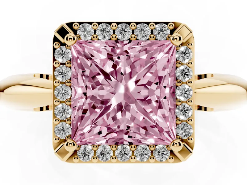 Princess Cut Halo Engagement Ring Setting for a Fancy Pink Lab-Grown Diamond | Plain Tapered Band | Yellow Gold