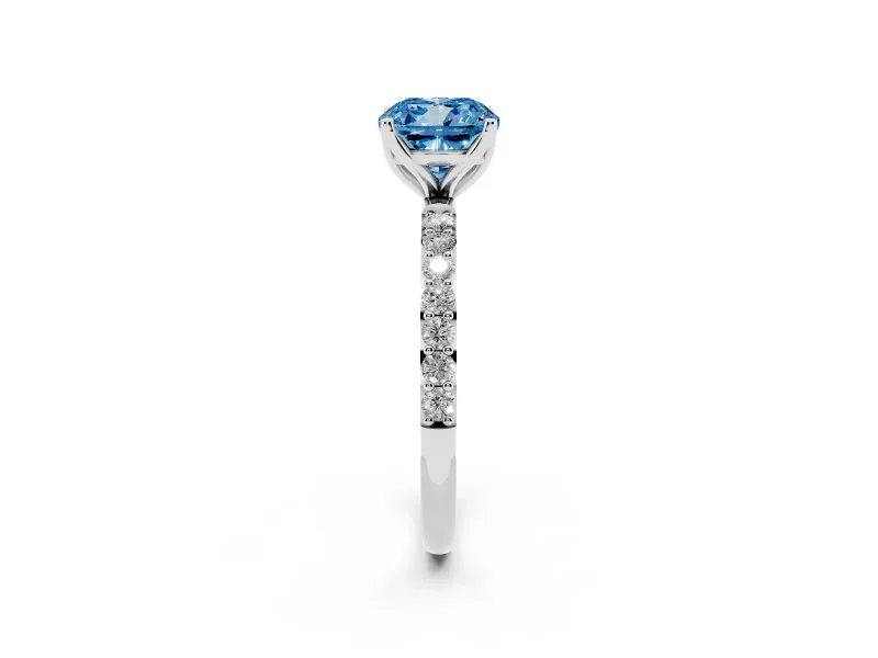 Cushion Cut Pave Solitaire Engagement Ring Setting for a Fancy Blue Lab-Grown Diamond | Slim Band | Sterling Silver