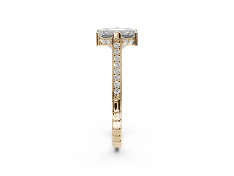 Emerald Cut Vintage Cathedral Engagement Ring Setting | Carved Band | Yellow Gold