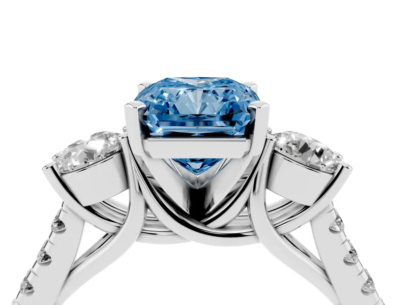 Radiant Cut Three-Stone Engagement Ring Setting for a Fancy Blue Lab-Grown Diamond | Platinum