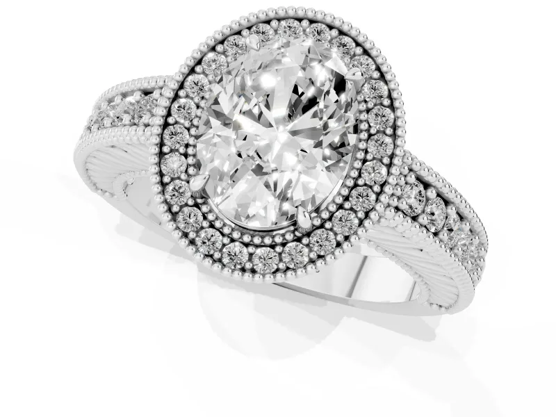 Oval Cut Diamond Halo Ring Set in Silver with Round Accent Halo, Pavé Band and Prong Setting