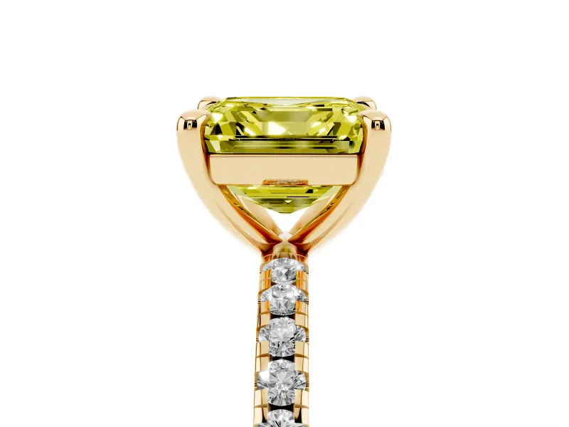 Fancy Yellow Asscher Cut Diamond Brilliant Solitaire Ring Set in Yellow gold with Pavé Band and Prong Setting