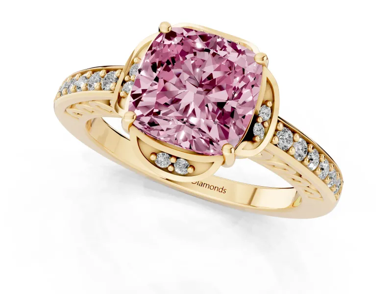 Cushion Cut Floral Pavé Engagement Ring Setting for a Fancy Pink Lab-Grown Diamond | Yellow Gold