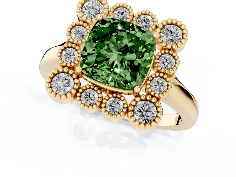 Cushion Cut Milgrain Cluster Halo Engagement Ring Setting for a Fancy Green Lab-Grown Diamond | Plain Band | Yellow Gold