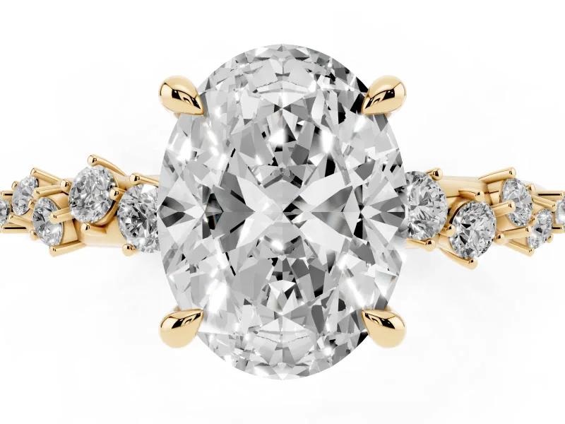Oval Cut Diamond Solitaire Vine Band Ring Set in Yellow gold with Round Accents and Prong Setting