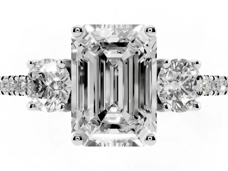 Emerald Cut Three Stone Engagement Ring Setting | Pave Shoulders | White Gold