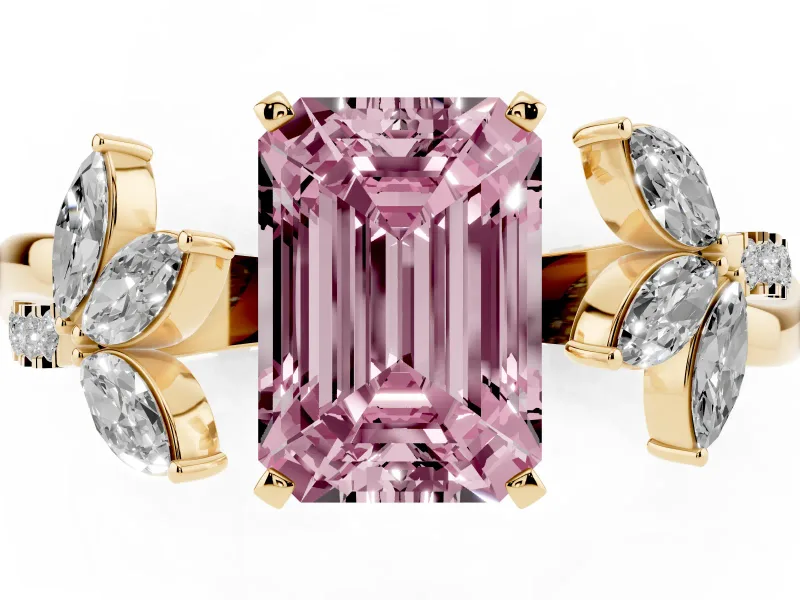 Emerald Cut Floral Vine Engagement Ring Setting for a Fancy Pink Lab-Grown Diamond | Yellow Gold
