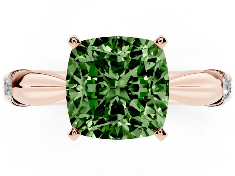 Fancy Green Cushion Cut Diamond Solitaire Twisted Band Ring Set in Rose gold with Accent Stones and Prong Setting