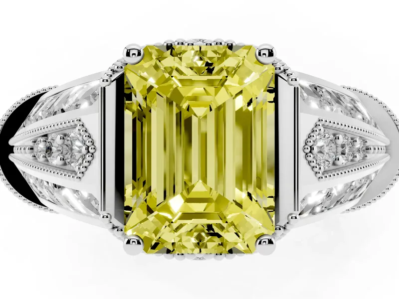 Emerald Cut Vintage Milgrain Engagement Ring Setting for a Fancy Yellow Lab-Grown Diamond | Hidden Halo | Platinum