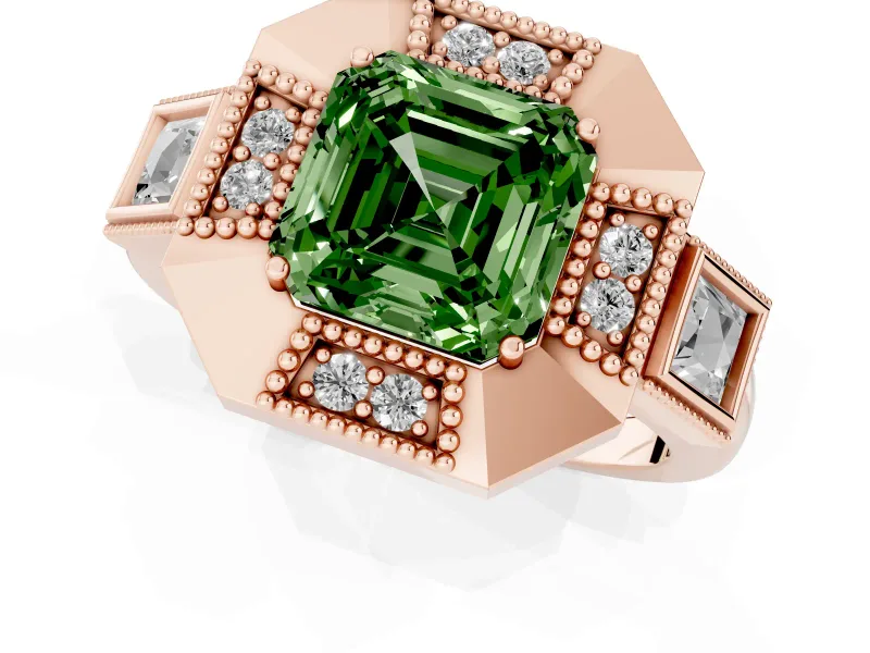 Asscher Cut Milgrain Sectioned Halo Engagement Ring Setting for a Fancy Green Lab-Grown Diamond | Rose Gold