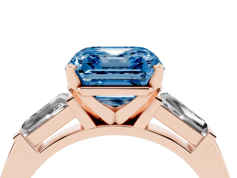 Fancy Blue Asscher Cut Diamond Solitaire Ring Set in Rose gold with Tapered Baguette Side Stones and Prong Setting