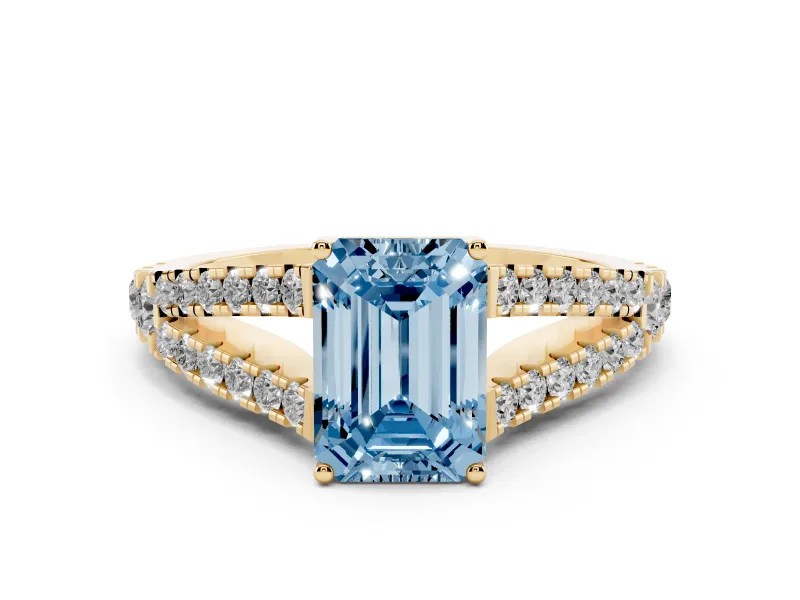Fancy Blue Emerald Cut Diamond Split Shank Pavé Engagement Ring Set in Yellow gold with Prong-Held Center Stone