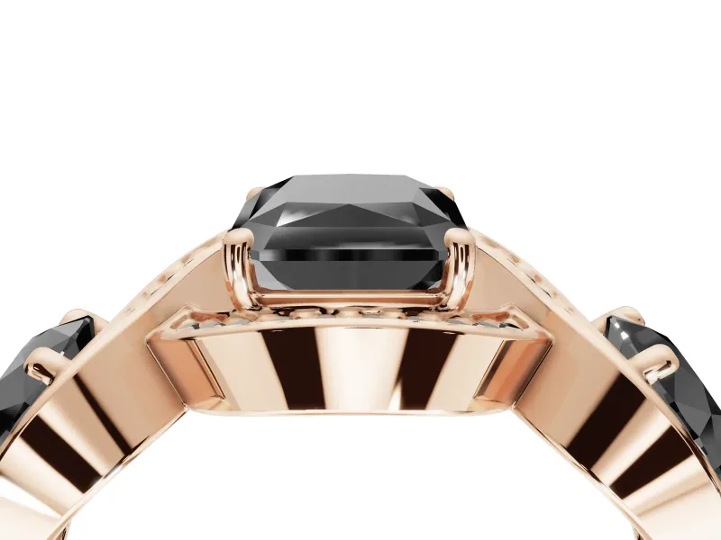 Radiant Cut Three Stone Halo Engagement Ring Setting for a Black Center | Pavé Wave Band | Rose Gold