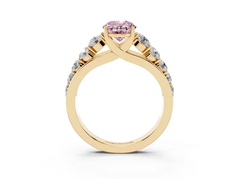 Oval Graduated Side Stone Engagement Ring Setting for a Fancy Pink Lab-Grown Diamond | Flat Top Band | Yellow Gold