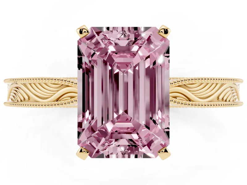 Emerald Cut Engraved Engagement Ring Setting for a Fancy Pink Lab-Grown Diamond | Yellow Gold