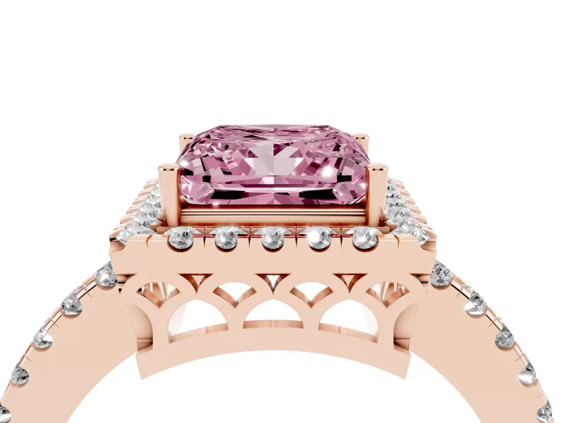 Fancy Pink Princess Cut Diamond Pavé Band Halo Engagement Ring Set in Rose gold with Prong Setting