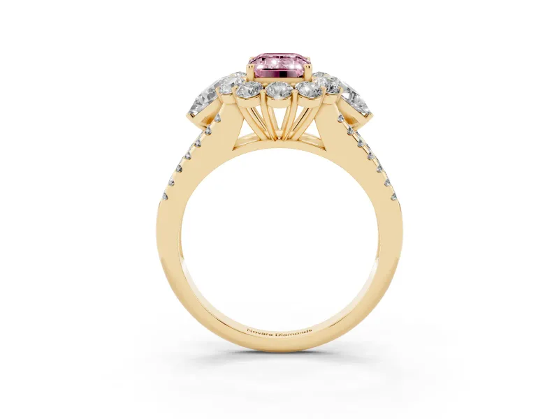 Fancy Pink Emerald Cut Diamond Halo Split Shank Engagement Ring Set in Yellow gold with Prong-Held Center Stone