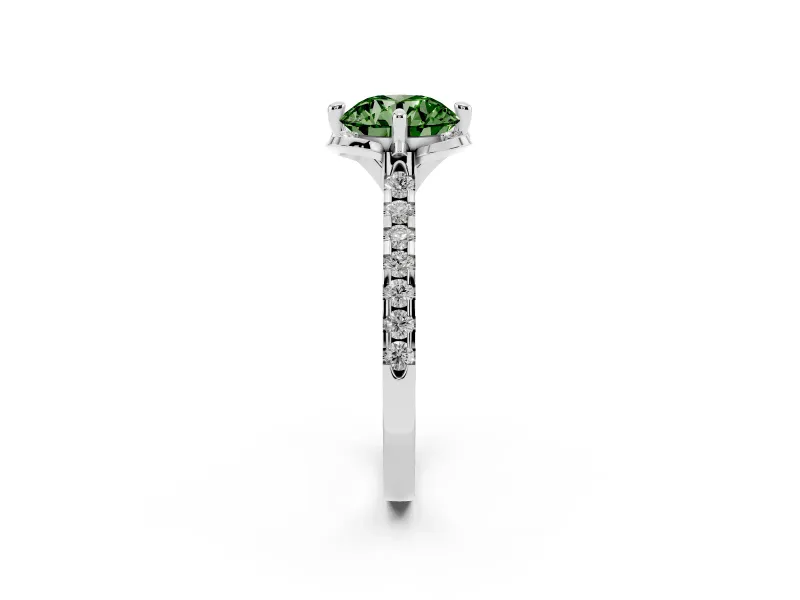 Round Floral Petal Engagement Ring Setting for a Fancy Green Lab-Grown Diamond | Petal Accents | Sterling Silver