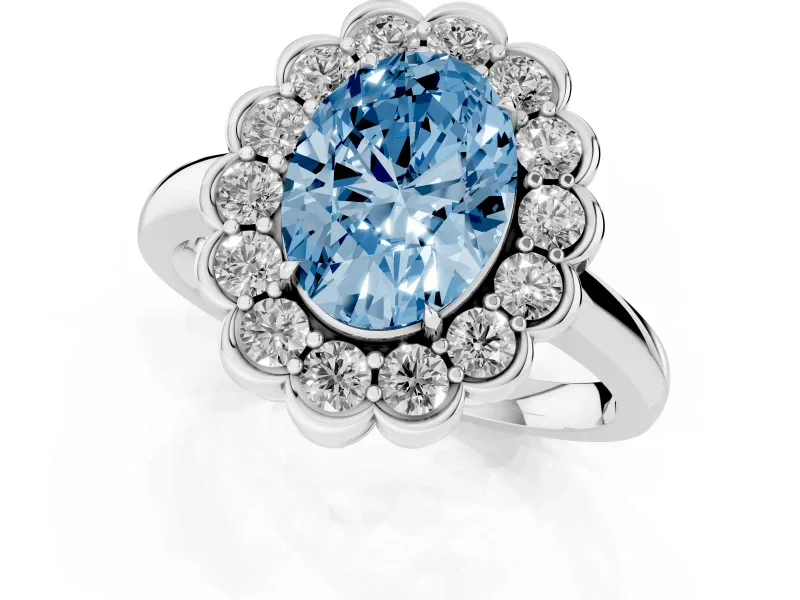 Oval Scalloped Cluster Halo Engagement Ring Setting for a Fancy Blue Lab-Grown Diamond | Plain Band | Platinum