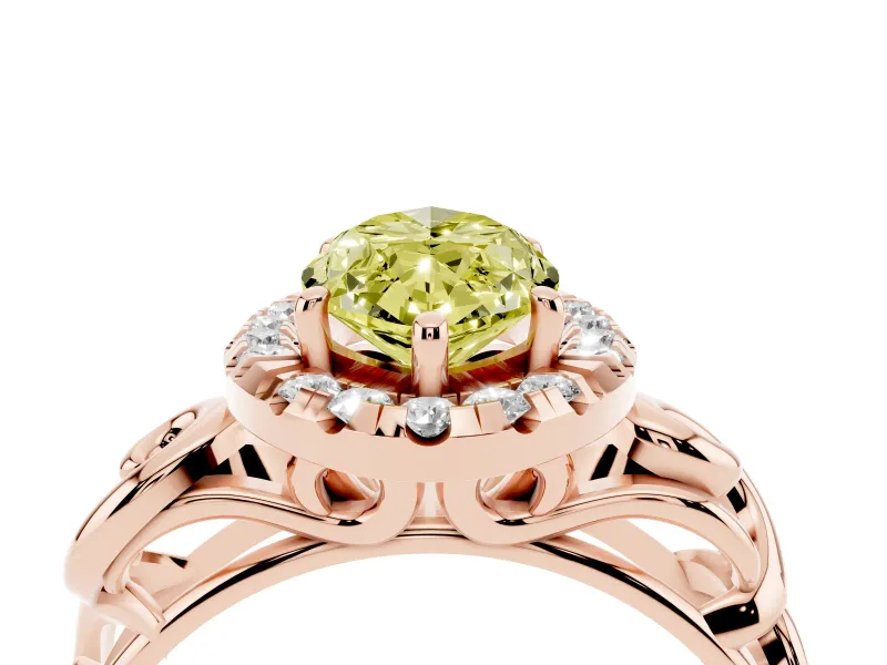 Fancy Yellow Marquise Cut Diamond Halo Ring Set in Rose gold with Scrollwork Band and Prong Setting
