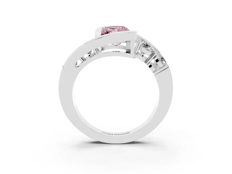 Fancy Pink Radiant Cut Diamond Bezel Bypass Ring Set in Silver with Round Accents
