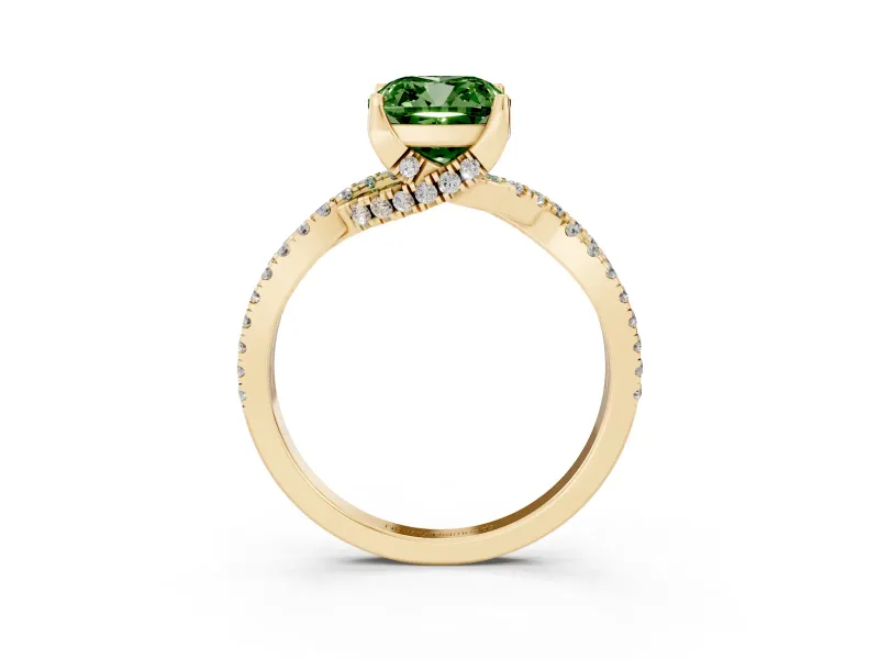 Cushion Cut Twisted Pave Engagement Ring Setting for a Fancy Green Lab-Grown Diamond | Split Shank | Yellow Gold