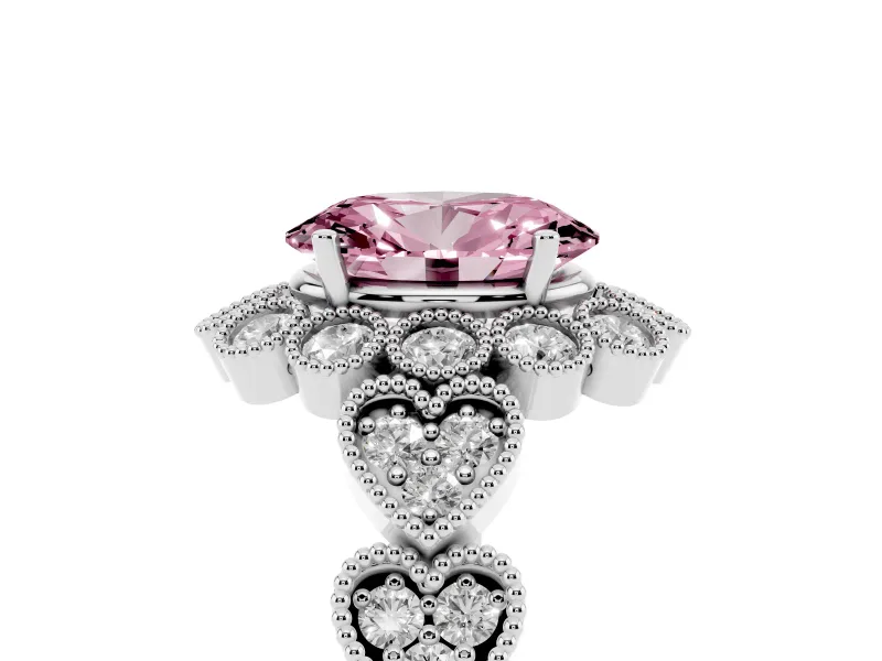 Oval Scalloped Halo Engagement Ring Setting for a Fancy Pink Lab-Grown Diamond | Heart Pavé Band | White Gold