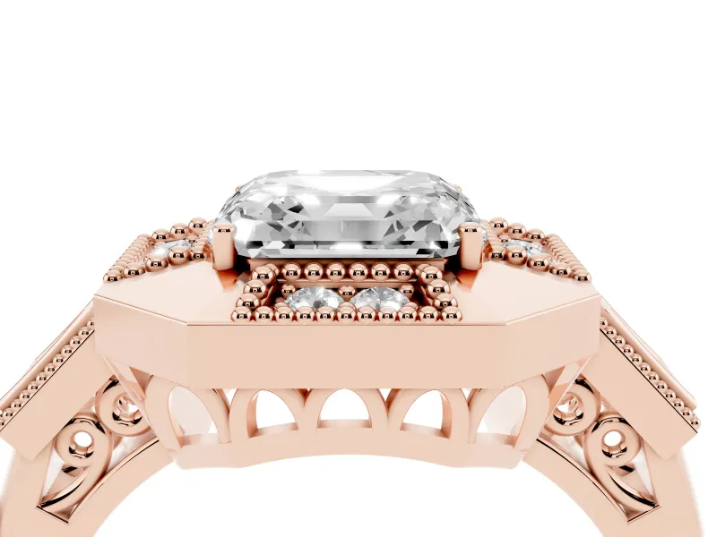 Asscher Cut Milgrain Sectioned Halo Engagement Ring Setting | Square-Framed Sides | Rose Gold