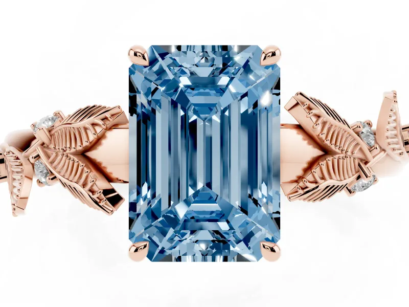 Emerald Cut Leaf Solitaire Engagement Ring Setting for a Fancy Blue Lab-Grown Diamond | Rose Gold