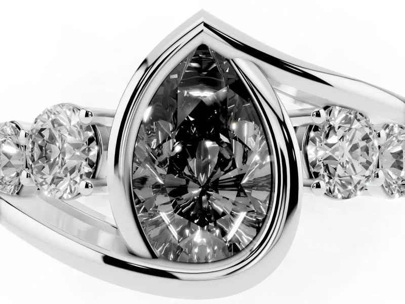 Fancy Black Pear Cut Diamond Bezel Bypass Ring Set in Silver with Round Accents